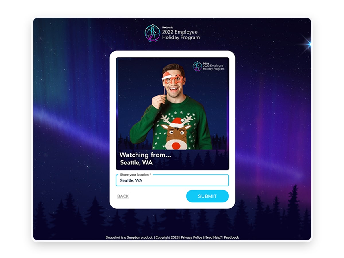 Photo booth screen for adding your location to a holiday frame