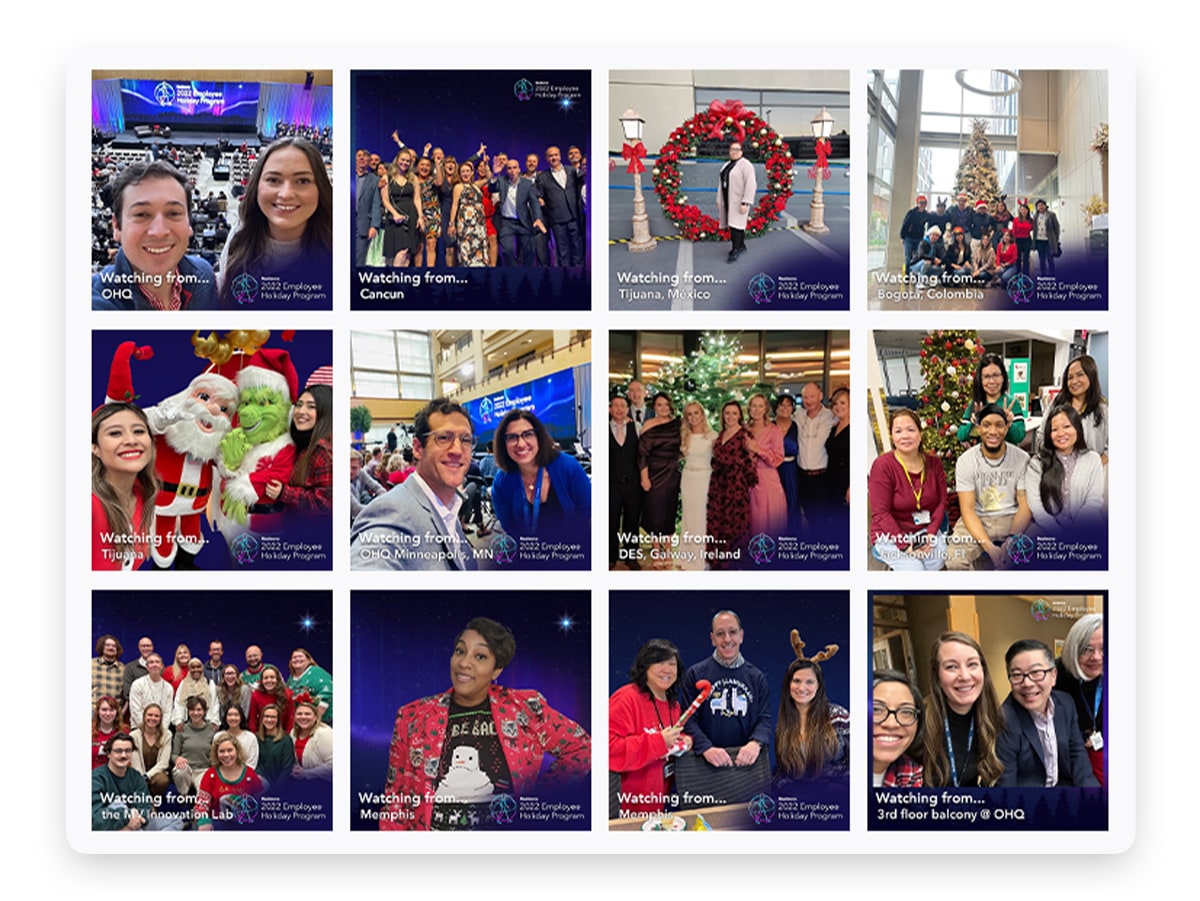 Grid of employee photos in "Watching from" holiday frames