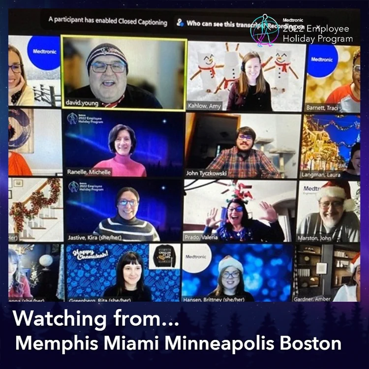 Remote employees on a video call in a Medtronic 2022 Employee Holiday Program frame