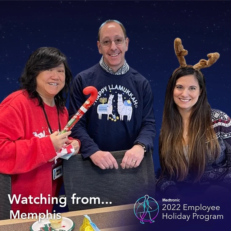 Three employees in holiday sweaters in a "Watching from Memphis" frame