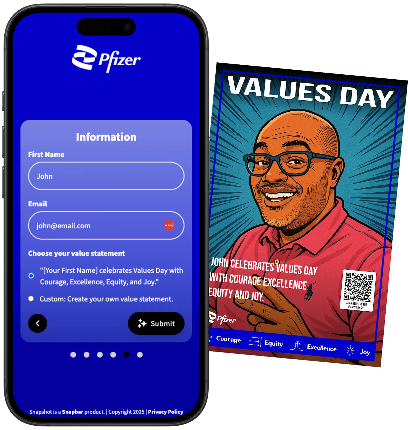 A branded phone form collecting a guest's first name, email and value statement, next to the personalized comic-style poster it generates with their name and a QR code