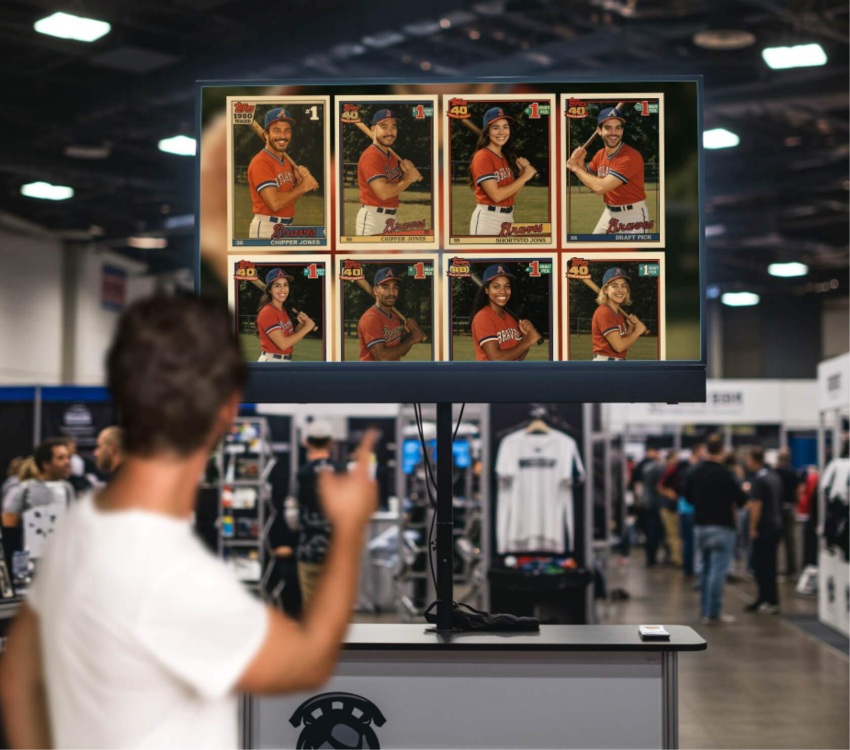 Guest viewing a live wall of AI trading cards at an expo booth