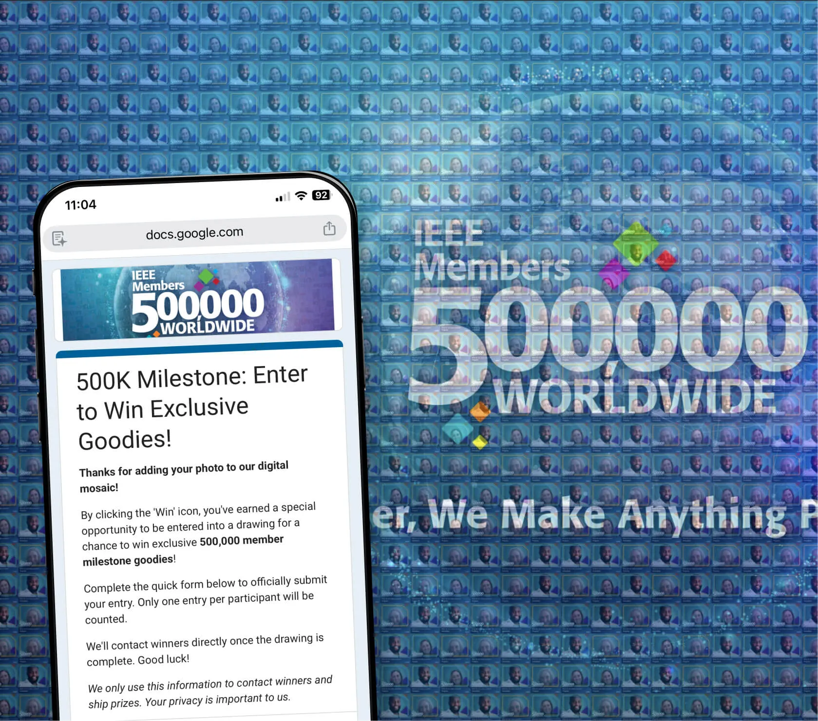 Guest entering a prize drawing on a phone in front of a live photo mosaic
