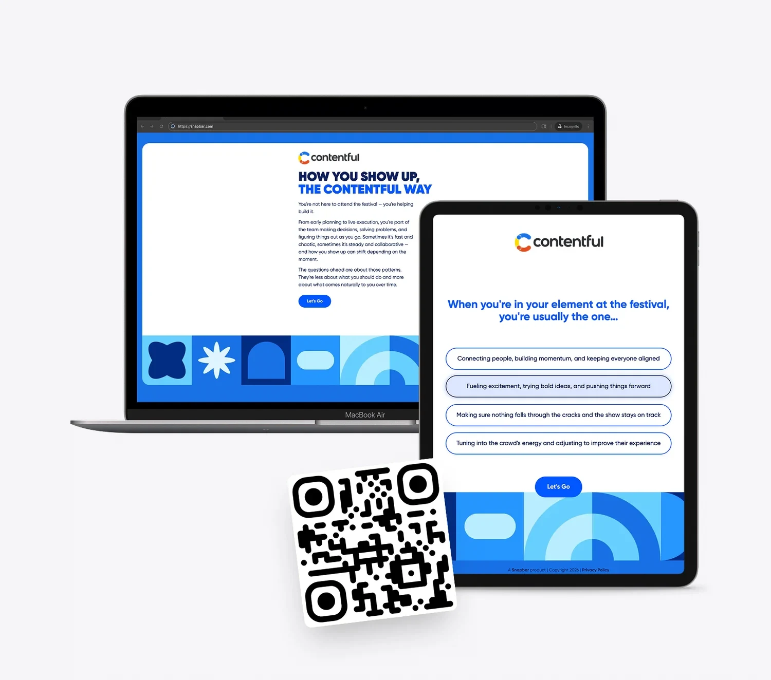 Snapbar AI photo booth experience shown on a laptop and tablet with a QR code for guest access