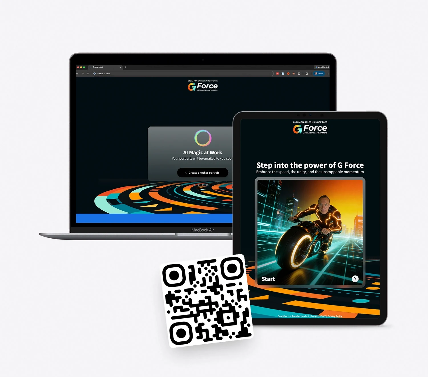 Share a QR code or URL. Guests join from any browser-equipped device: iPads at a booth, phones in a crowd, laptops at a virtual event.