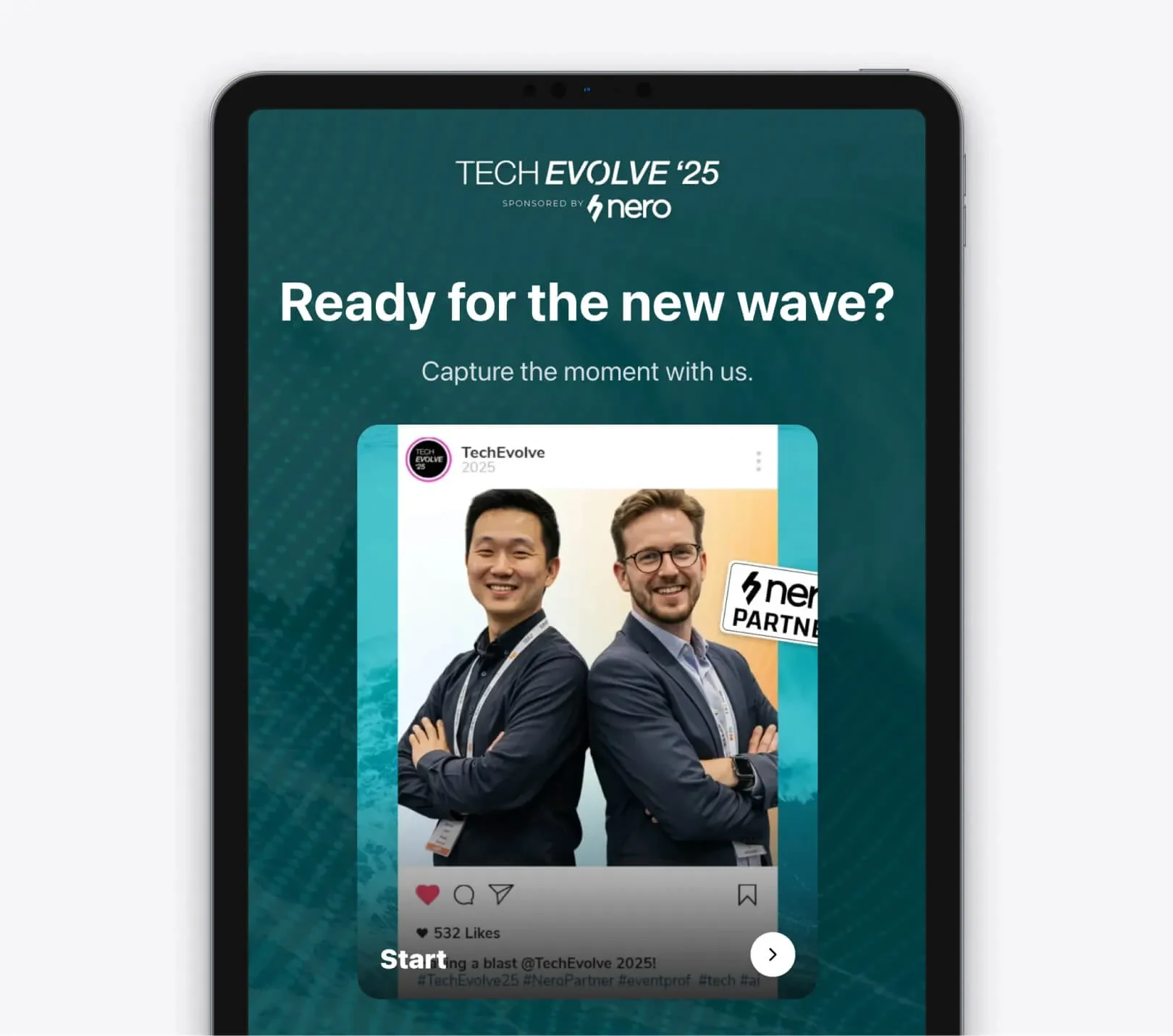 Branded AI-generated event portraits displayed on a Snapbar photo booth screen