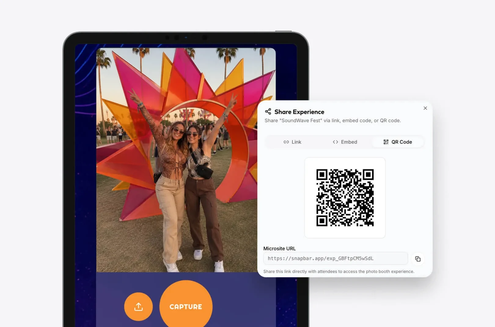 share your digital photo booth via ipad kiosk, qr code, link, or anywhere with a browser