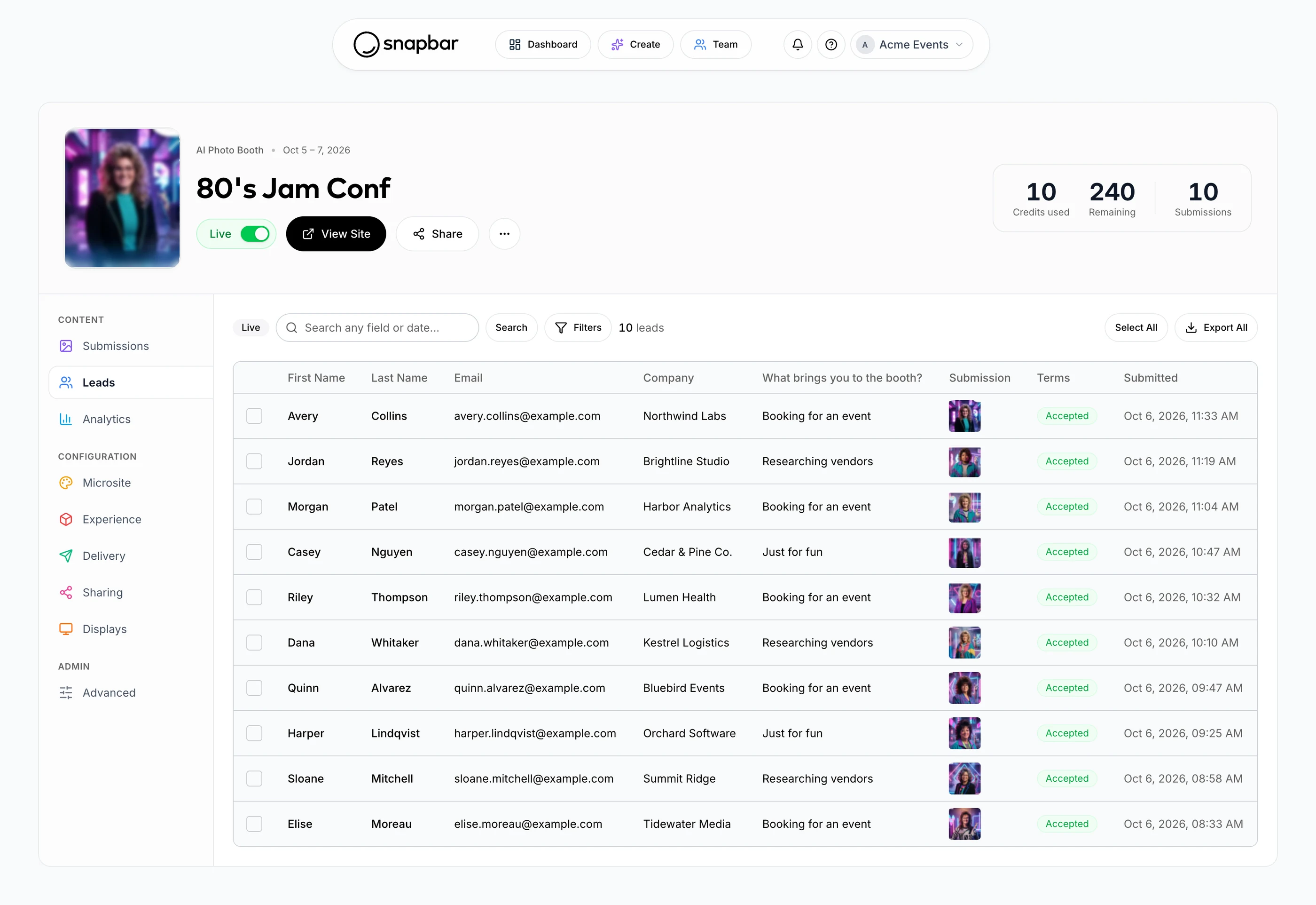 Snapbar dashboard Leads tab listing guest names, emails, companies, survey answers and photo submissions, with an Export All button