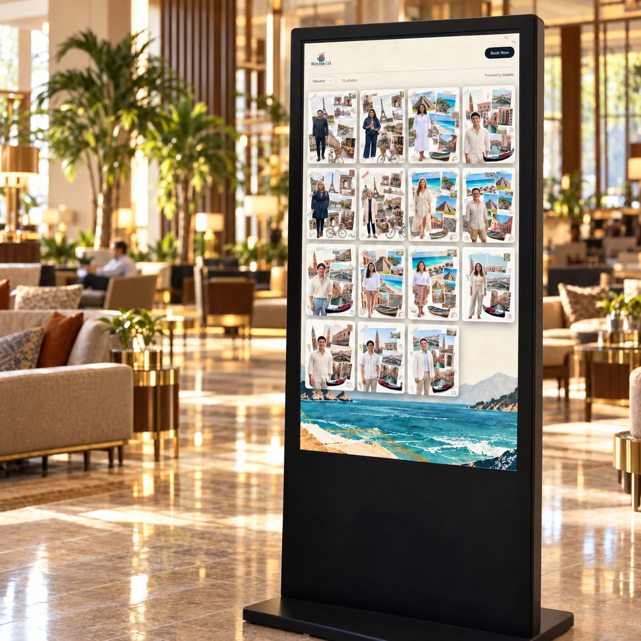 Live photo gallery of branded travel photos displayed on a digital kiosk in a hotel lobby