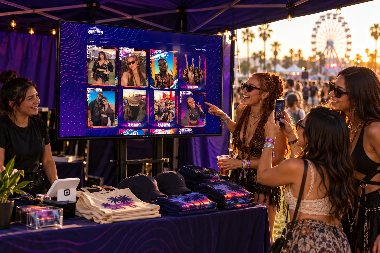 Festivalgoers pointing at their branded photos on a live gallery TV screen inside a music festival merch tent
