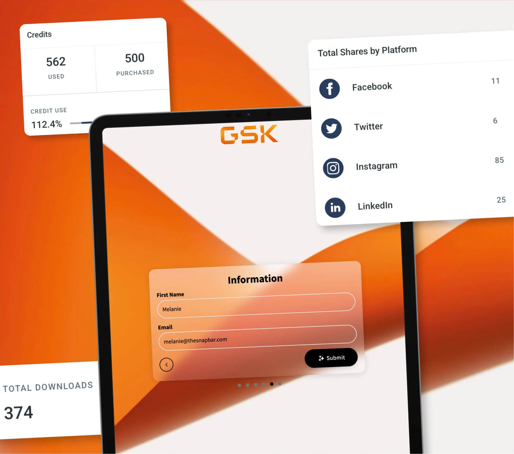 Snapbar analytics dashboard showing engagement metrics, downloads, and social shares by platform
