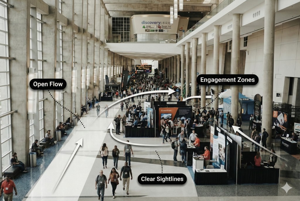 Convention center exhibition hall showing open traffic flow, clear sightlines, and engagement zones for effective booth design