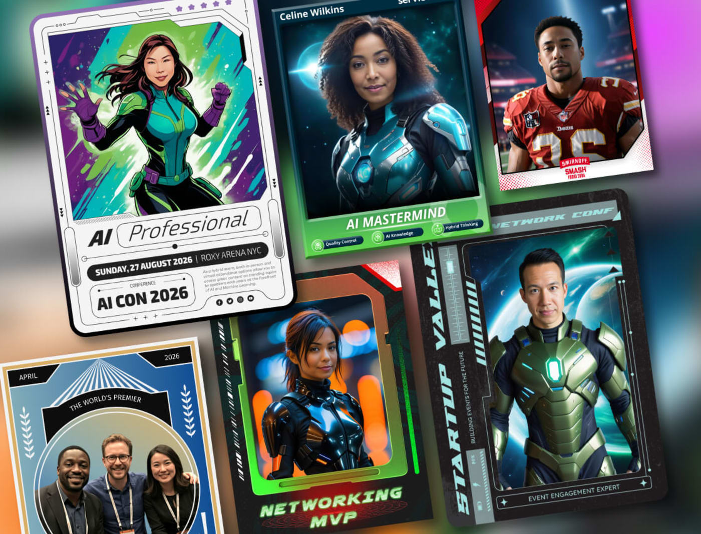 Branded digital trading cards produced at corporate conference activations, each personalized with a guest portrait and title