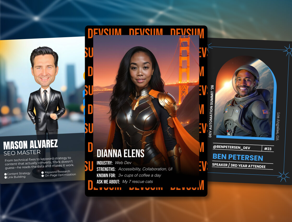 Three branded conference trading cards pairing stylized guest portraits with names, industries and conversation starters