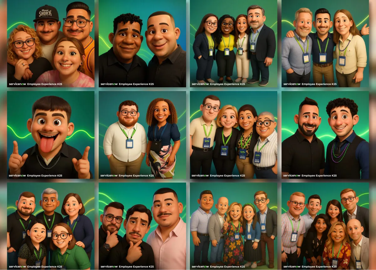 Grid of twelve animated style group portraits of coworkers in lanyards on green branded backgrounds