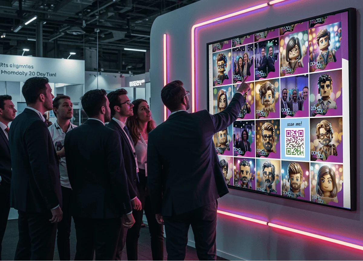 Attendees in suits gather at a neon-framed screen showing a grid of avatars and QR code