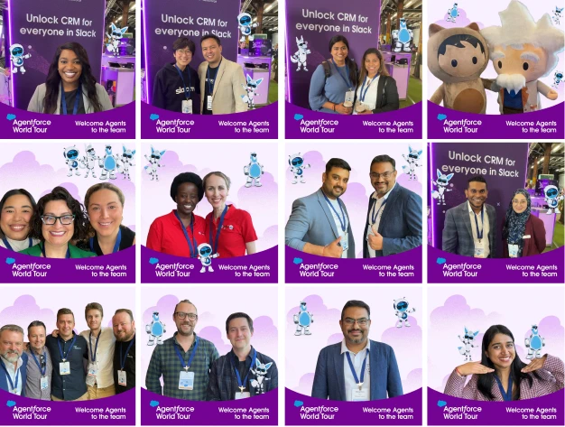 Twelve-photo grid of conference attendees in purple branded frames with cartoon mascots