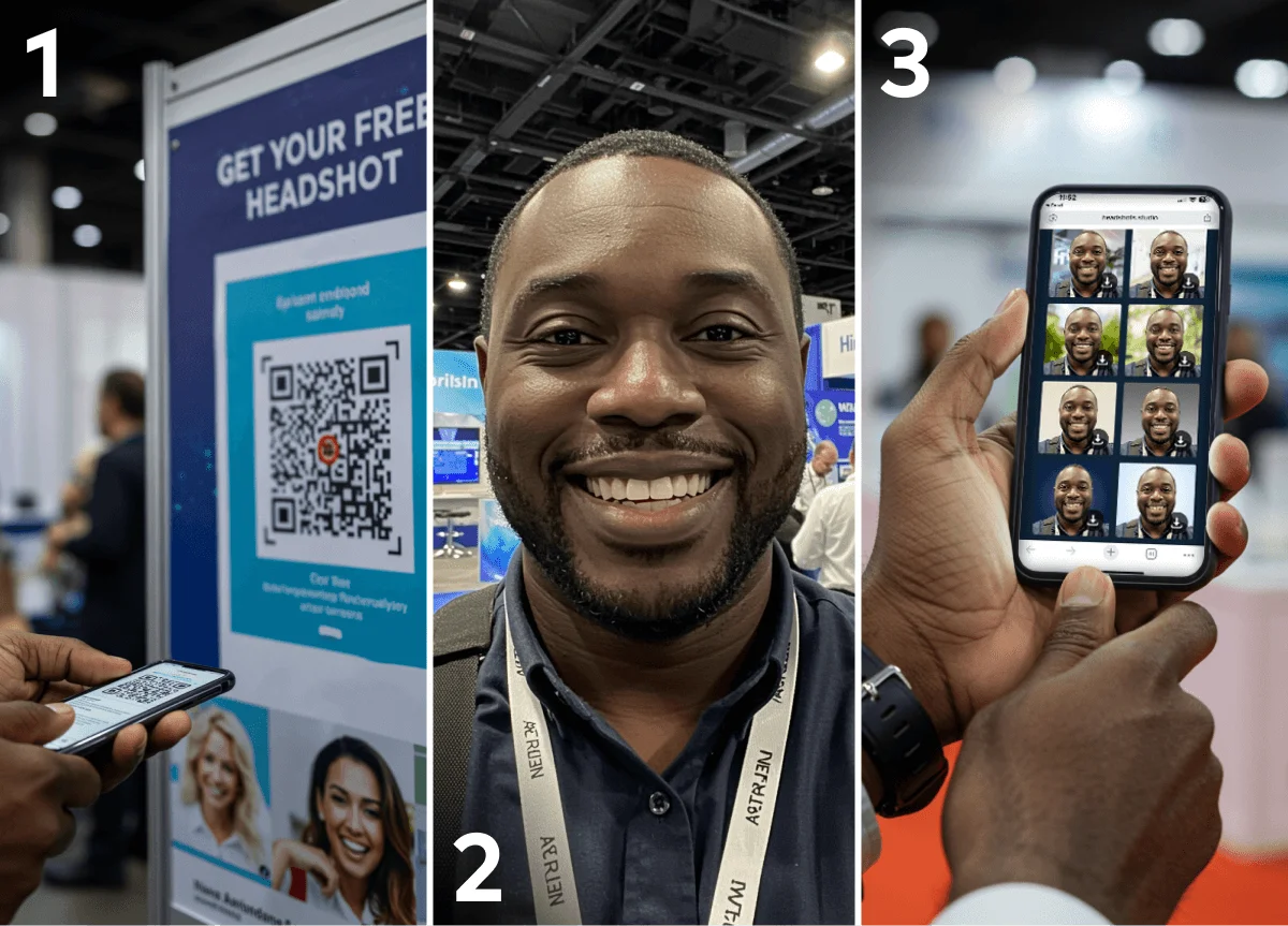 Numbered sequence showing QR headshot sign, smiling attendee, and phone gallery of finished portraits