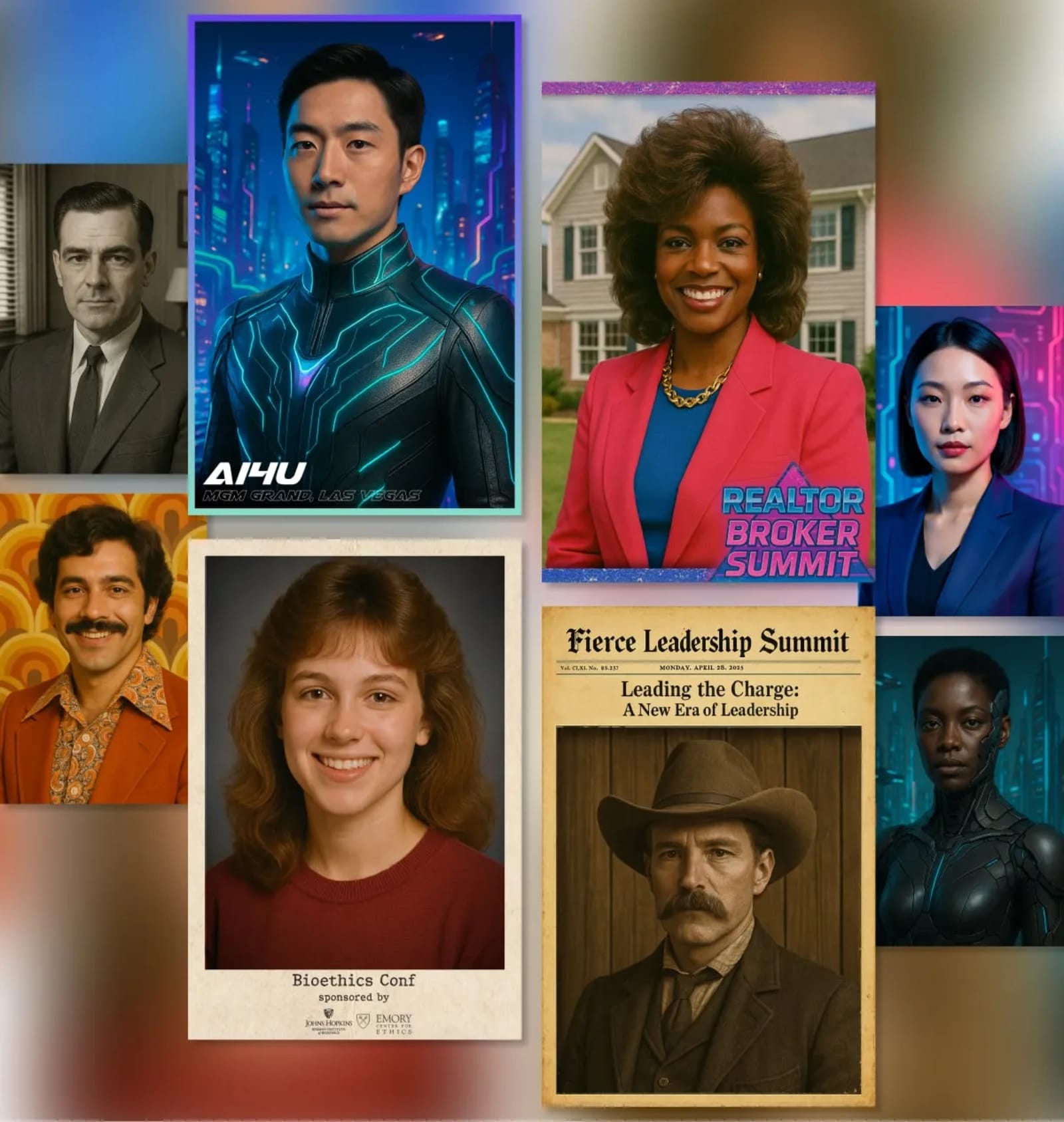 AI-powered conference photo activations showing attendees transformed into branded themed portraits at a corporate event