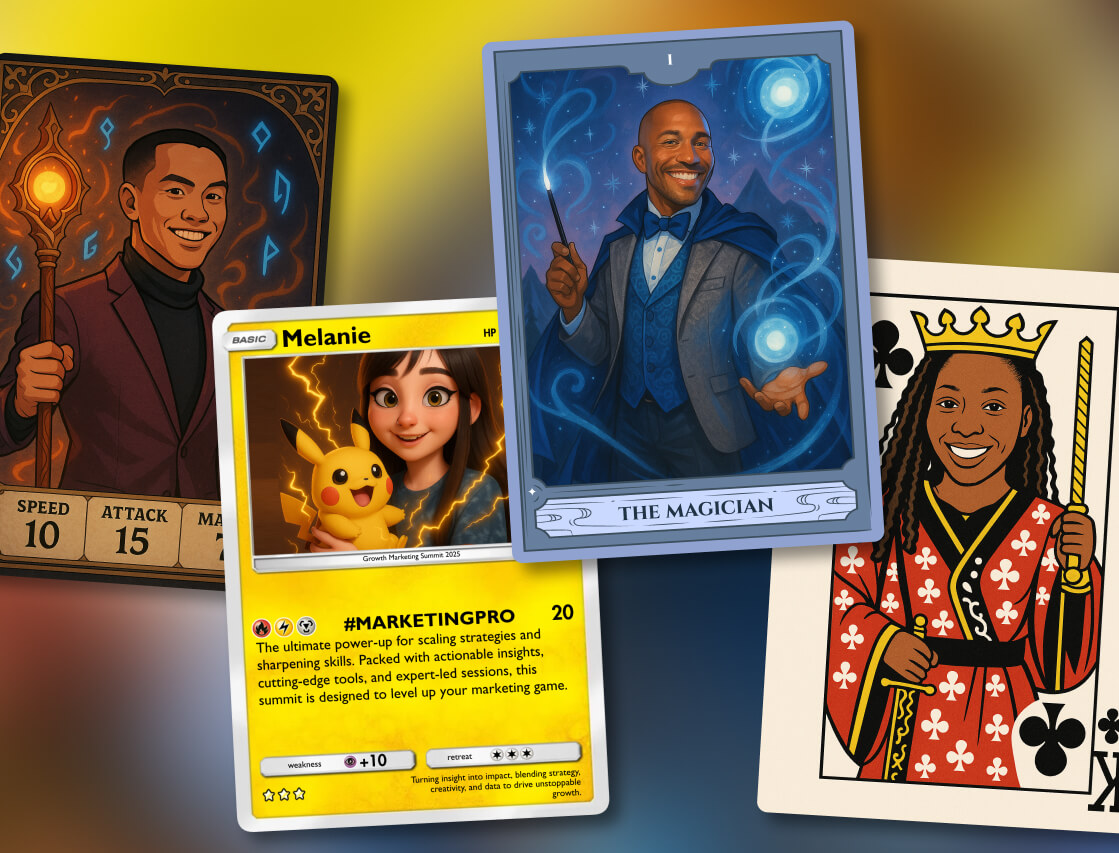 Four illustrated trading cards turning attendees into a mage, tarot magician, queen of clubs, and creature trainer