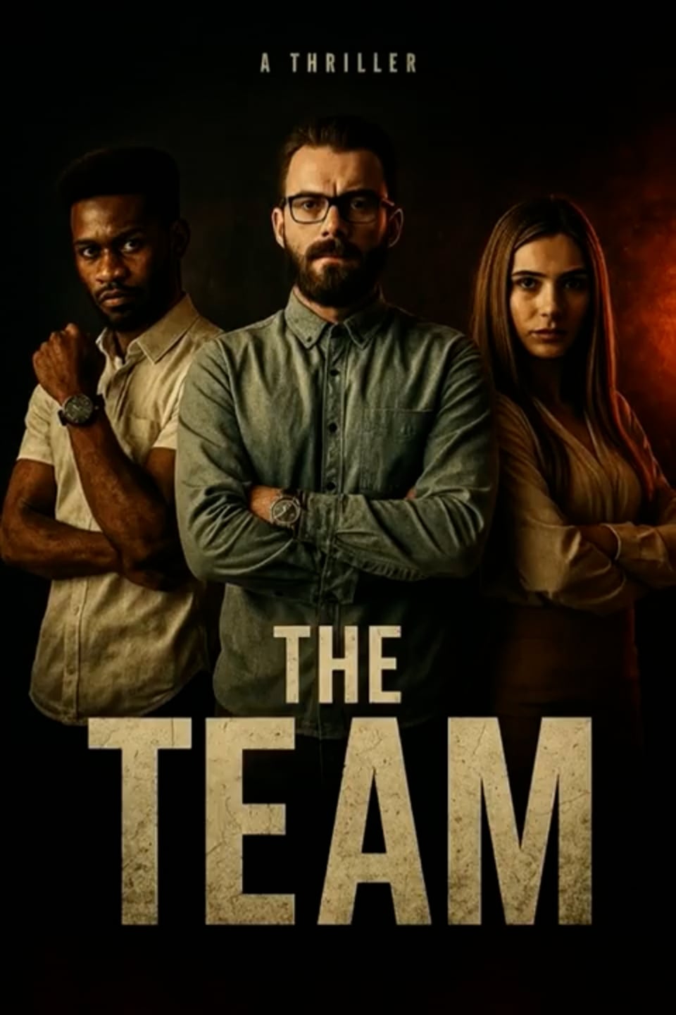 Vertical thriller movie poster titled The Team, three colleagues standing arms crossed in dramatic lighting