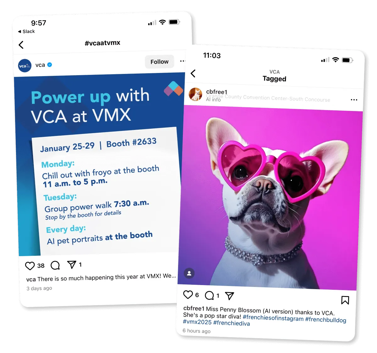 Branded social media posts featuring AI-generated content from a Snapbar in-house brand activation, demonstrating how branded outputs travel across guests organic social channels as marketing fuel
