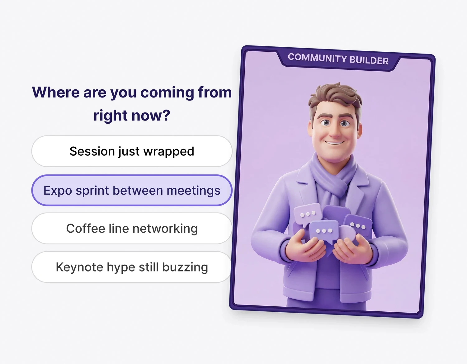 A persona quiz activation showing answer options beside the branded persona result card it generates, a front-door mechanic that pairs with visual capture