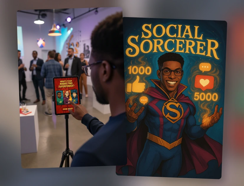 Man taking a tablet kiosk quiz beside a comic poster naming him Social Sorcerer