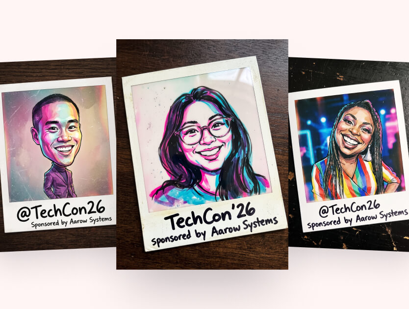 Three polaroid-style prints on a dark table, each holding a vividly colored caricature of a smiling attendee, captioned TechCon '26
