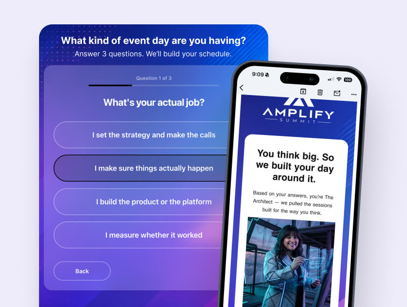 Kiosk screen asking attendees to pick their role, beside a phone showing the matched session schedule result