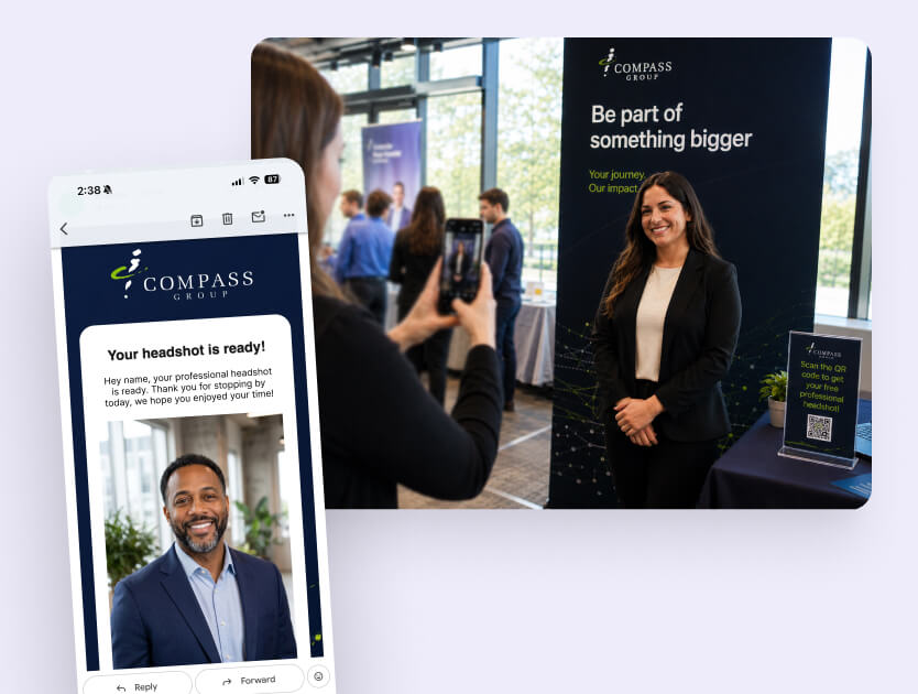 Recruiter photographing a candidate at a branded booth backdrop, beside a phone email delivering the finished headshot