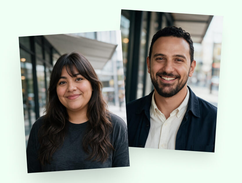 Two polished outdoor portraits of a woman and a man taken against a glass-fronted venue entrance