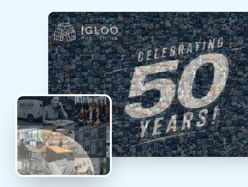 Photo mosaic reading Celebrating 50 Years built from hundreds of company archive images, with a tile grid of black-and-white office shots
