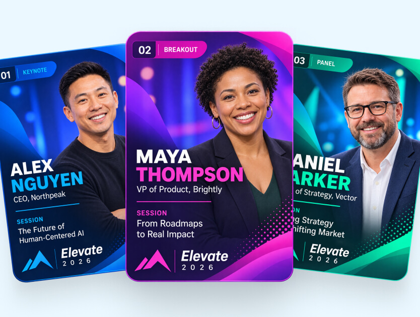 Three fanned conference speaker cards labeled keynote, breakout, and panel, each with a headshot, name, and session title