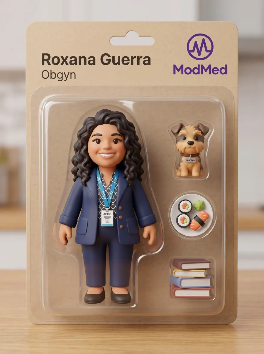 AI photo of a guest as a collectible doctor figurine in toy packaging with a dog and sushi accessories, with ModMed event branding