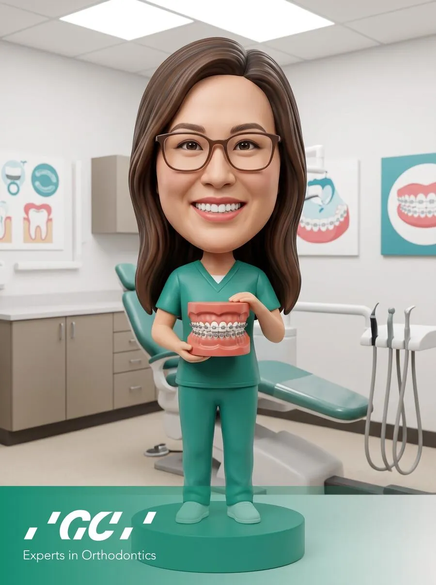 AI photo of a guest as a bobblehead figurine in scrubs holding a model of teeth in a dental office, with GC Orthodontics event branding
