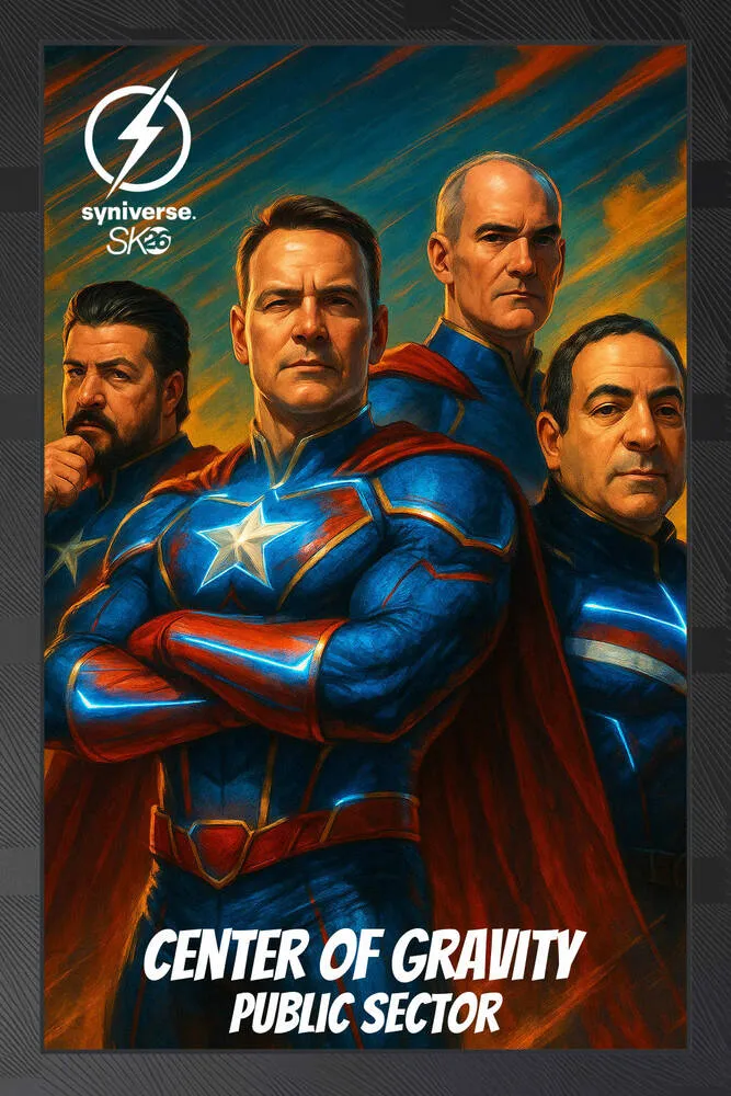 AI photo of four guests as painted superheroes in star-emblem suits, with Syniverse Center of Gravity event branding