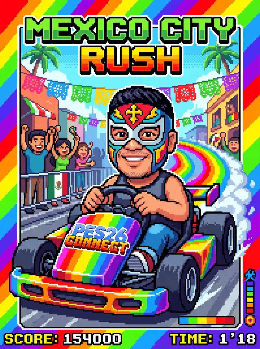 AI photo of a guest as a pixel art luchador racing a rainbow go-kart through Mexico City, with PES26 Connect event branding