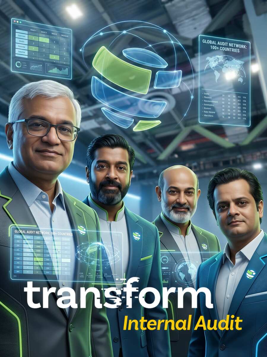 AI photo of four guests in futuristic blazers among holographic dashboards, with Transform Internal Audit event branding