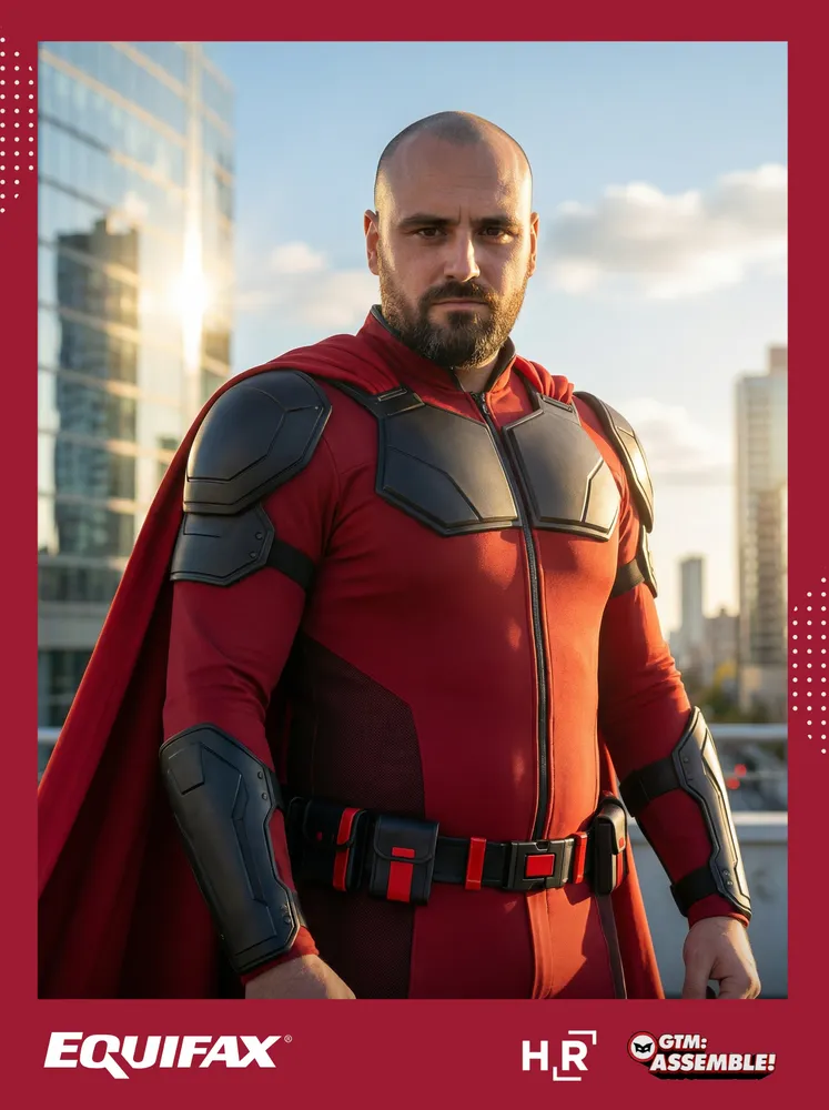 AI photo of a guest as a caped superhero in a red suit on a rooftop, with Equifax GTM Assemble event branding