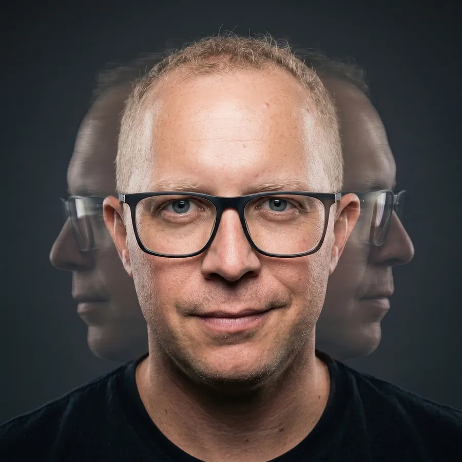AI photo of a guest in a triple exposure portrait with mirrored profiles behind him
