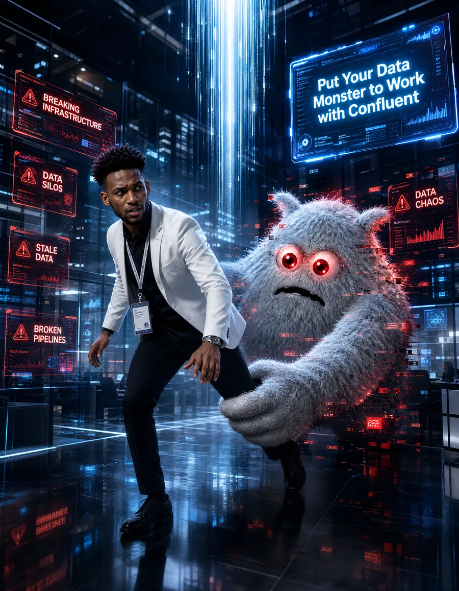 AI photo of a guest wrangling a fluffy red-eyed data monster in a digital data center, with Confluent event branding