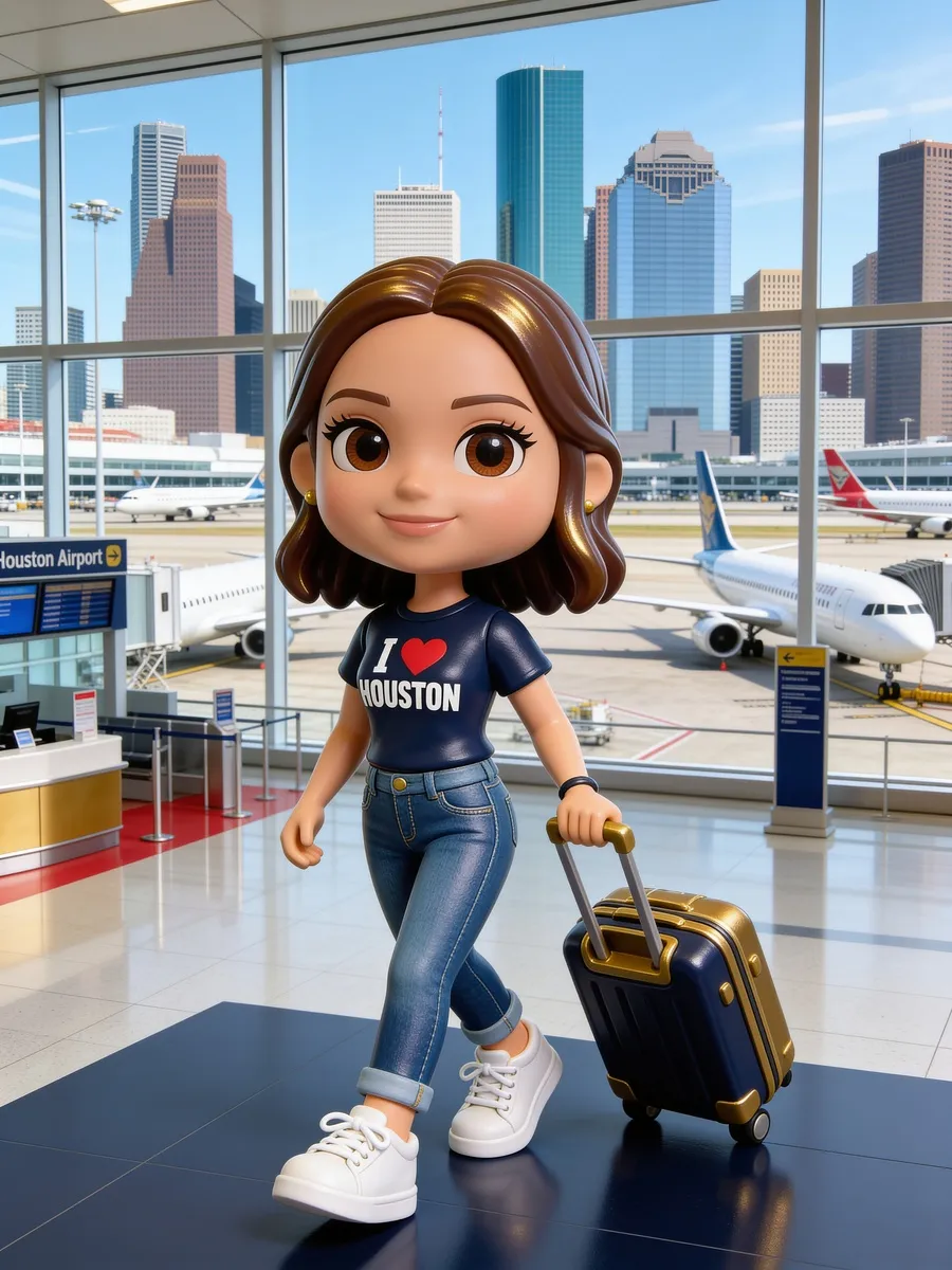AI photo of a guest as a 3D animated traveler with a rolling suitcase at the Houston airport