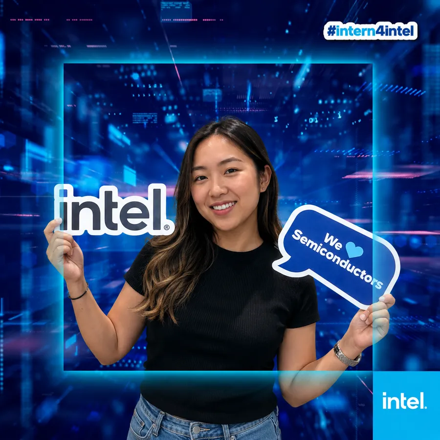 Photo booth snapshot of a guest holding Intel and We Love Semiconductors signs on a circuit-themed intern frame