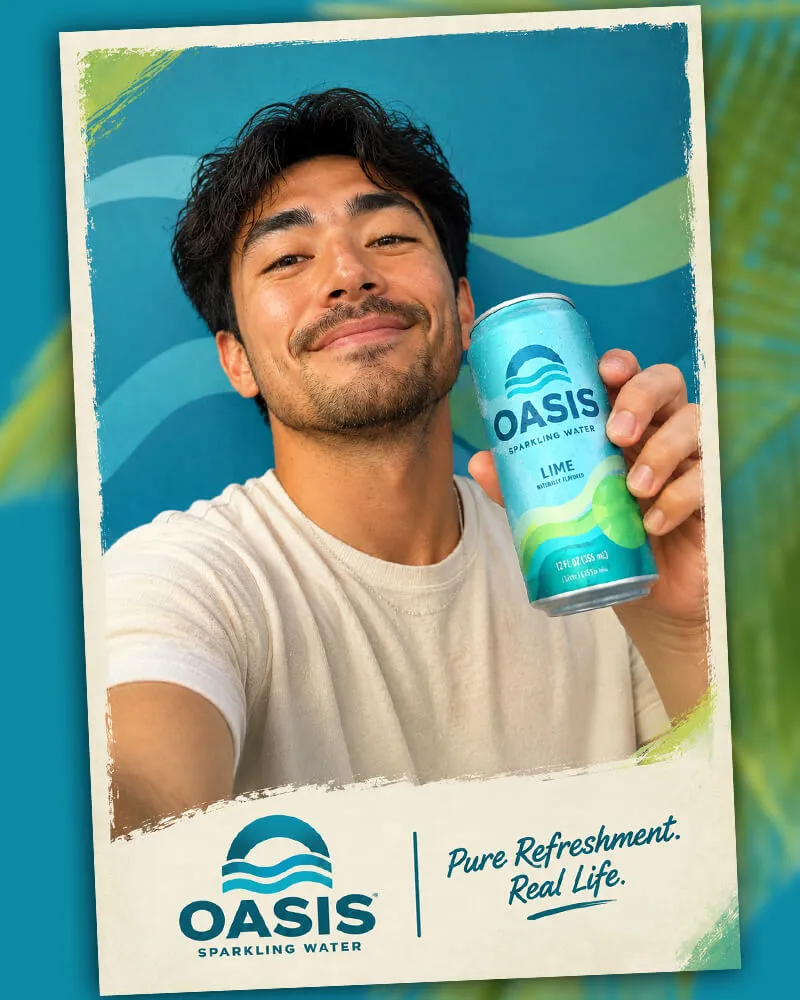 Photo booth snapshot of a guest holding an Oasis sparkling water can on a Pure Refreshment Real Life frame
