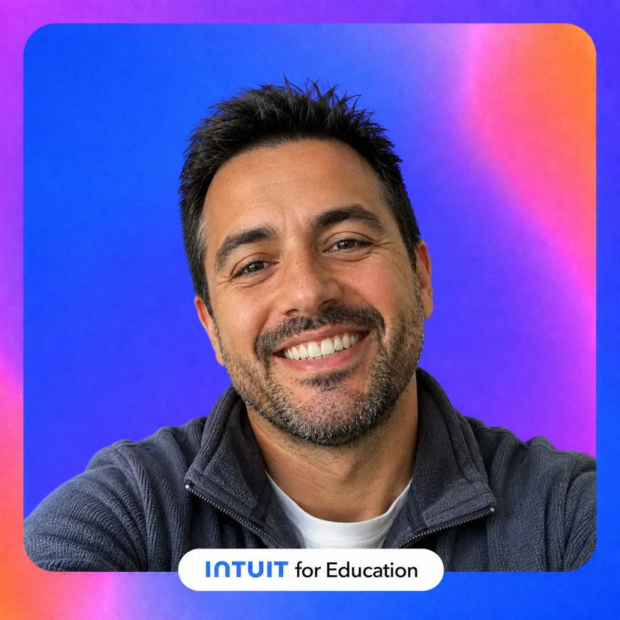 Photo booth snapshot of a guest smiling on an Intuit for Education frame