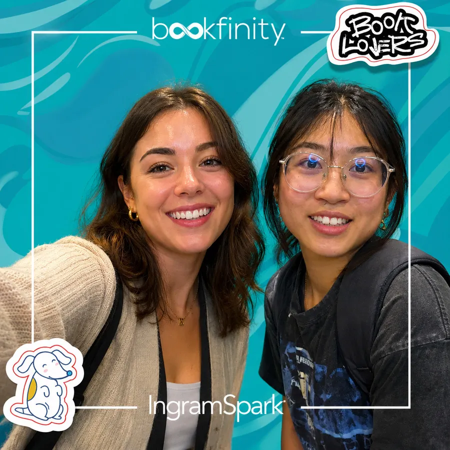 Photo booth snapshot of two guests on a Bookfinity and IngramSpark frame with Book Lovers stickers