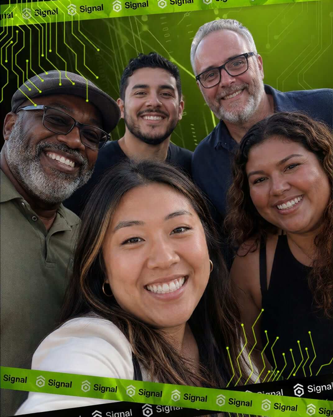 Photo booth snapshot of five teammates in a group selfie on a green Signal circuit frame