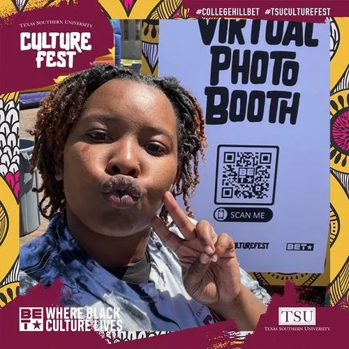 Photo booth snapshot of a student beside a virtual photo booth sign on a Texas Southern University Culture Fest frame with BET branding