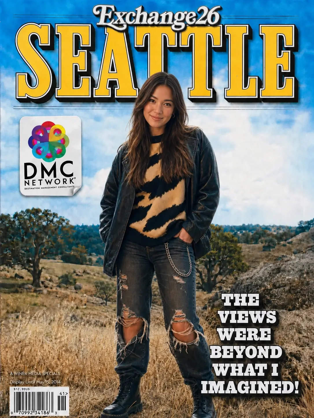 AI photo booth magazine cover output: attendee on the cover of Exchange26 Seattle standing in a golden hillside landscape, with DMC Network logo (client branded)
